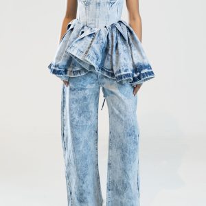Acid Wash Denim Peplum Corset